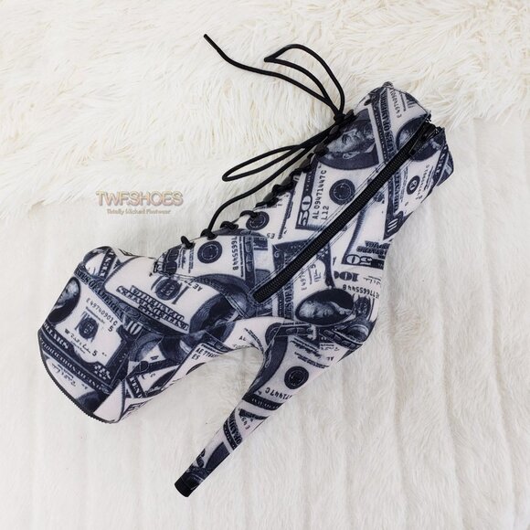 Dollar Bill  Money Print 7" High Heel Platform Lace Up Ankle boots - Picture 4 of 10